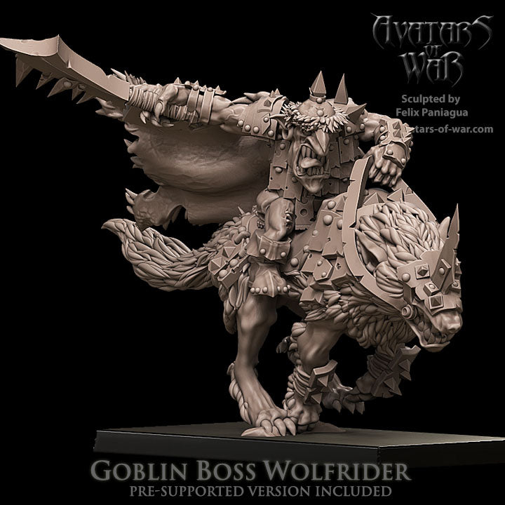Cacique Goblin en Lobo Gigante con Arma de Mano · miniatura de resina 28 mm · Orcos y Goblins · Drakholm