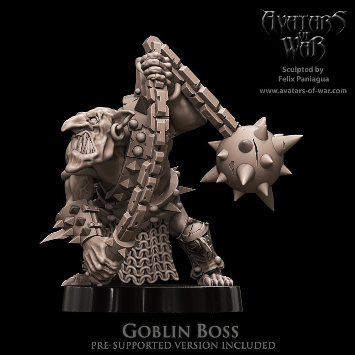 Jefe Goblin con Mangual de Bola al Hombro · miniatura de resina 28 mm · Orcos y Goblins · Drakholm