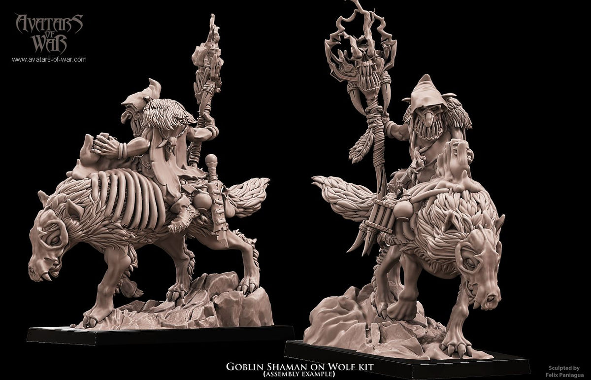 Chaman Goblin a Lomos de Lobo · miniatura de resina 28 mm · Orcos y Goblins · Drakholm