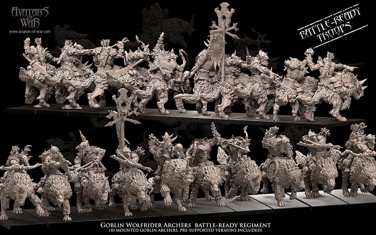 Arqueros Goblin Jinetes de Lobo - Regimiento (10) · miniatura de resina 28 mm · Orcos y Goblins · Drakholm