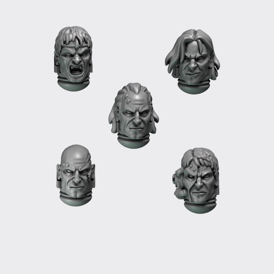 Cabezas Crimson Lords E — bits de conversión sci-fi grimdark de Greytide Studio, resina 32mm sin pintar