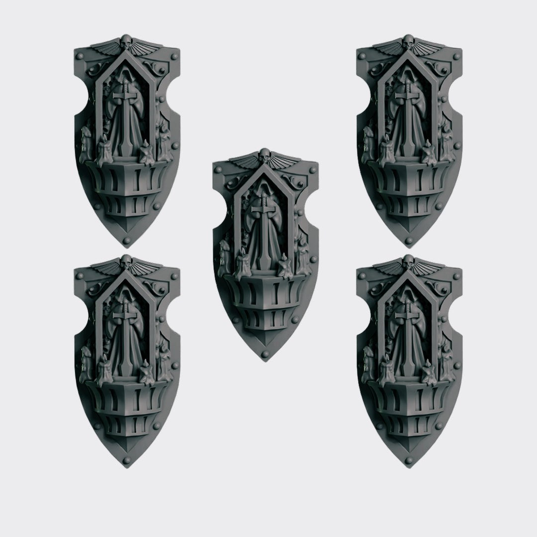 Escudos Eternal Pilgrims B — bits de conversión sci-fi grimdark de Greytide Studio, resina 32mm sin pintar