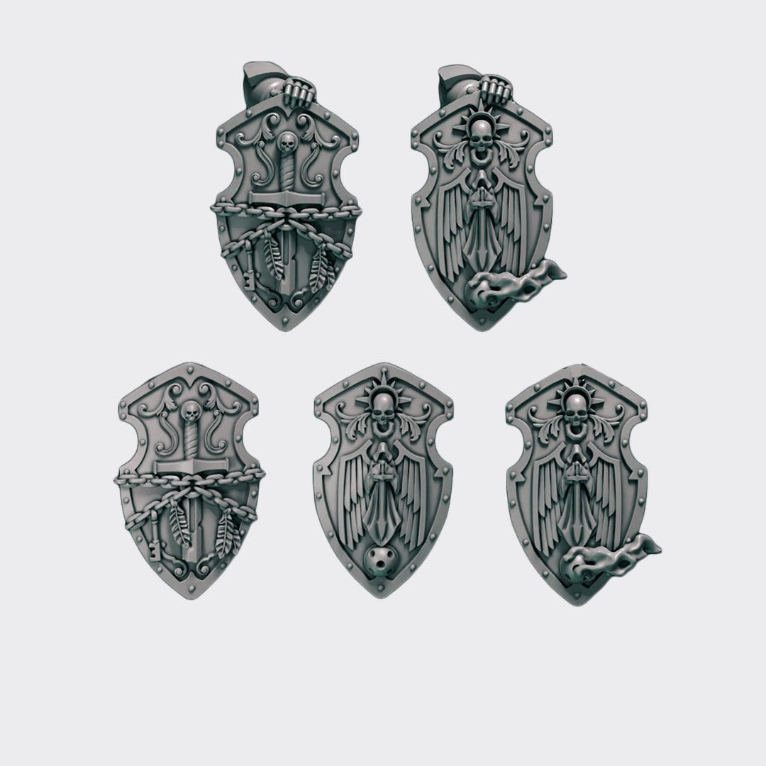Escudos Terminator Eternal Pilgrims — bits de conversión sci-fi grimdark de Greytide Studio, resina 32mm sin pintar