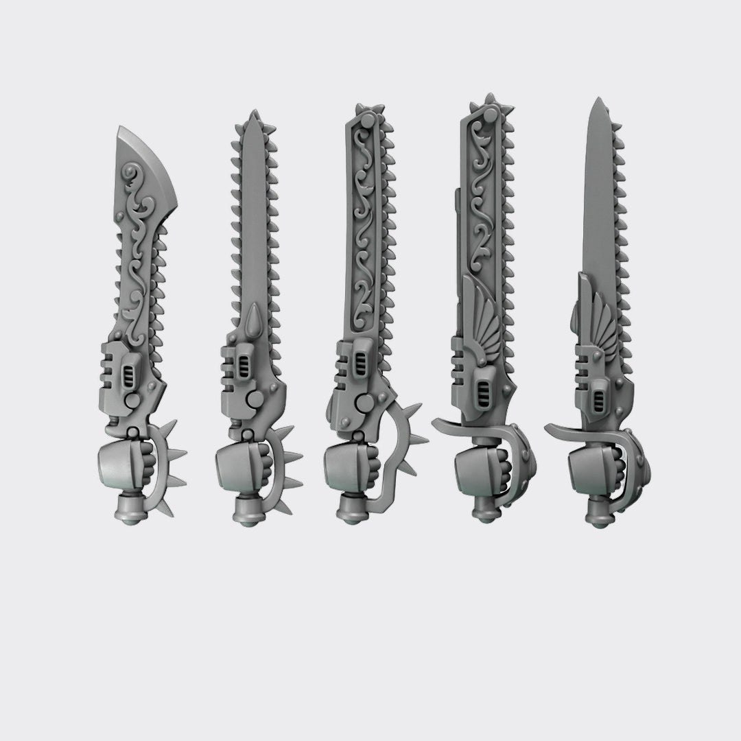Espadas sierra Crimson Lords A — bits de conversión sci-fi grimdark de Greytide Studio, resina 32mm sin pintar