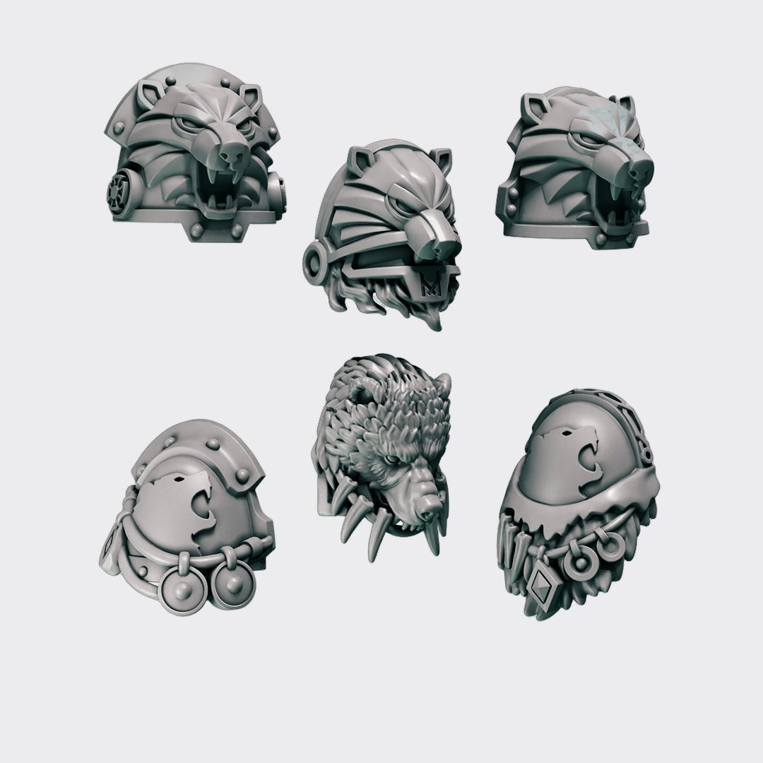 Hombreras HQ Primal Hounds — bits de conversión sci-fi grimdark de Greytide Studio, resina 32mm sin pintar