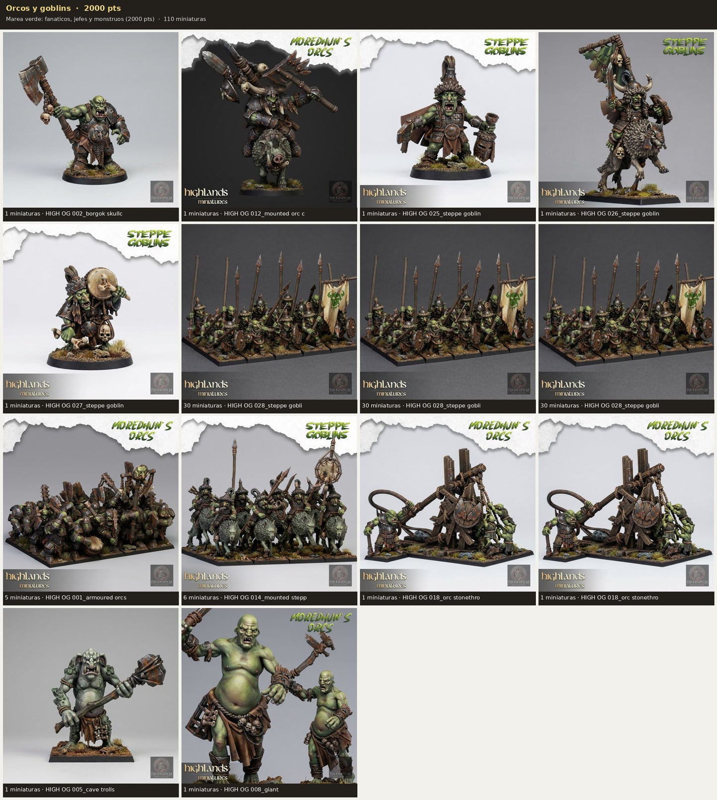 Ejército Orcos y goblins 2000 pts · 110 miniaturas resina fantasía 28mm · sin pintar
