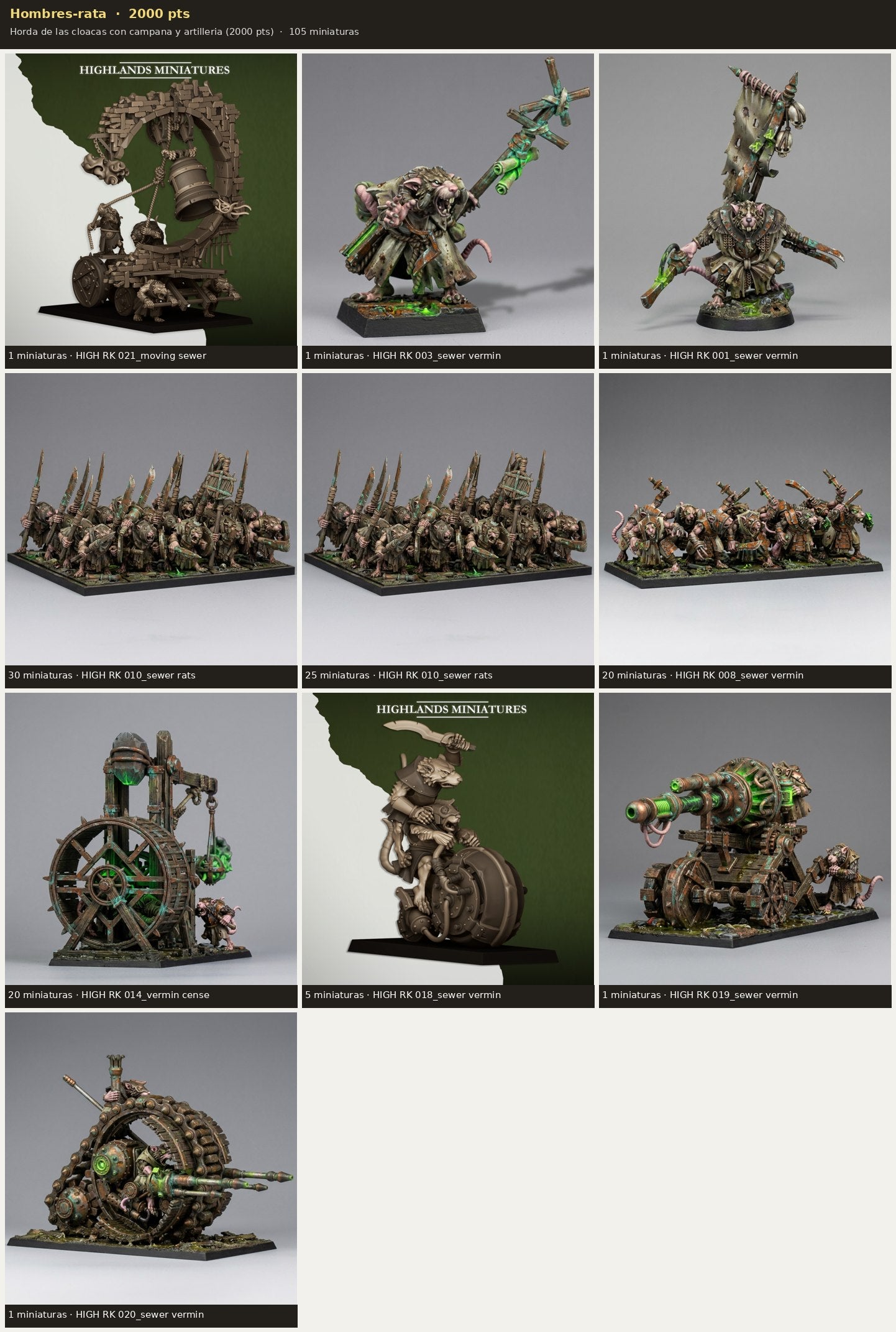 Ejército Hombres-rata 2000 pts · 105 miniaturas resina fantasía 28mm · sin pintar