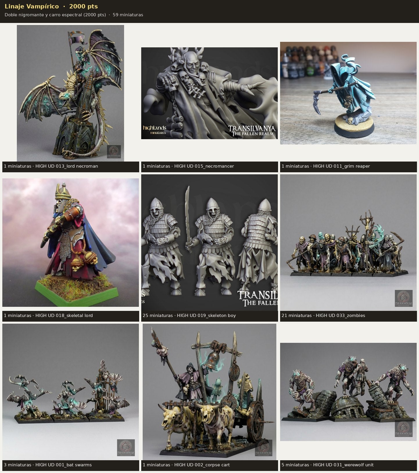Ejército Linaje Vampírico 2000 pts · 59 miniaturas resina fantasía 28mm · sin pintar