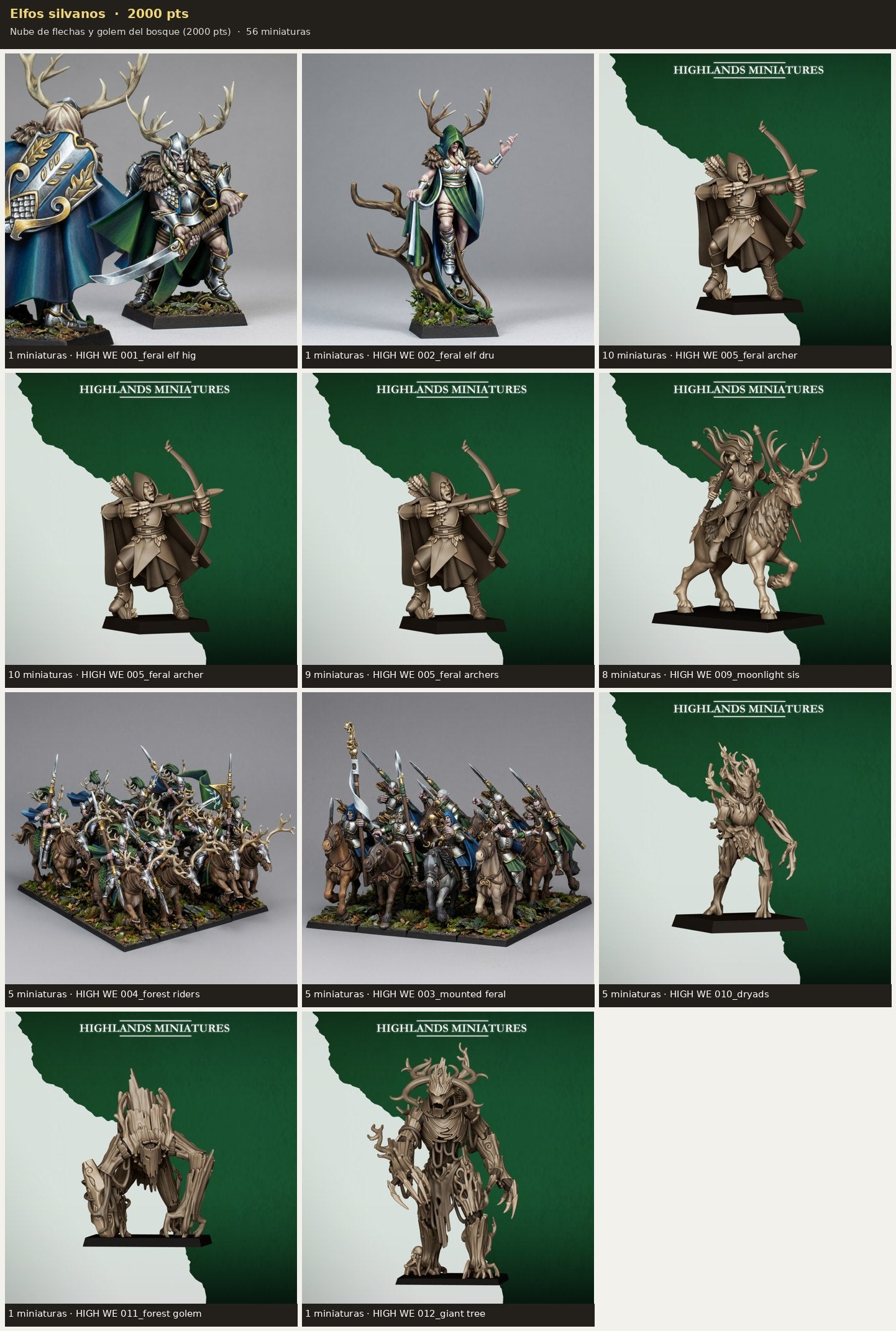 Ejército Elfos silvanos 2000 pts · 56 miniaturas resina fantasía 28mm · sin pintar