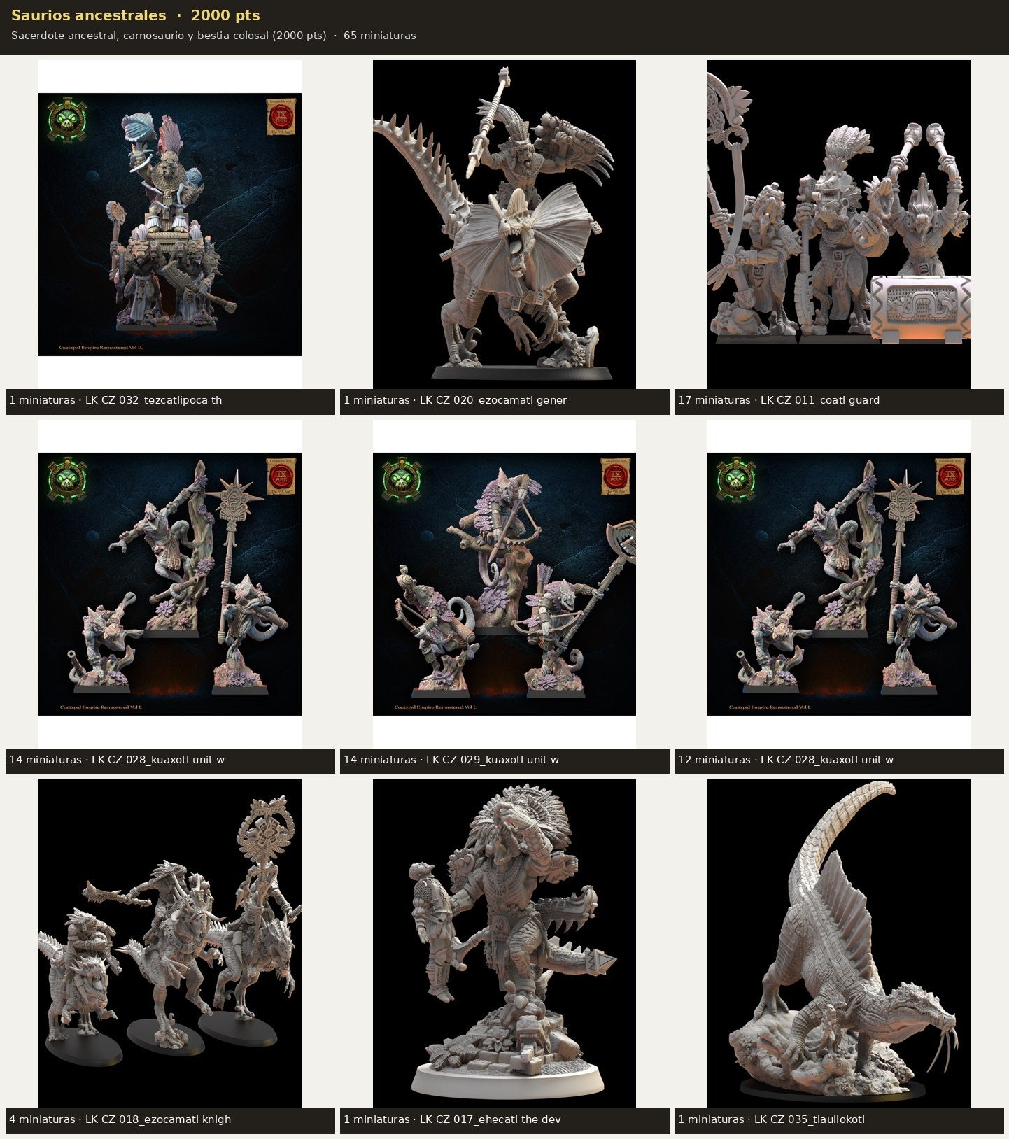Ejército Saurios ancestrales 2000 pts · 65 miniaturas resina fantasía 28mm · sin pintar