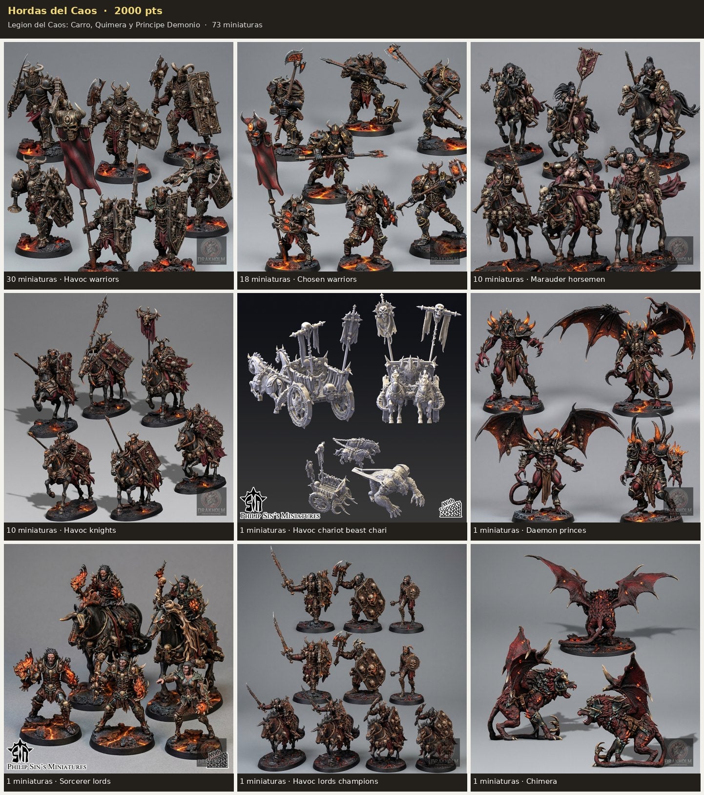 Ejército Hordas del Caos 2000 pts · 73 miniaturas resina fantasía 28mm · sin pintar