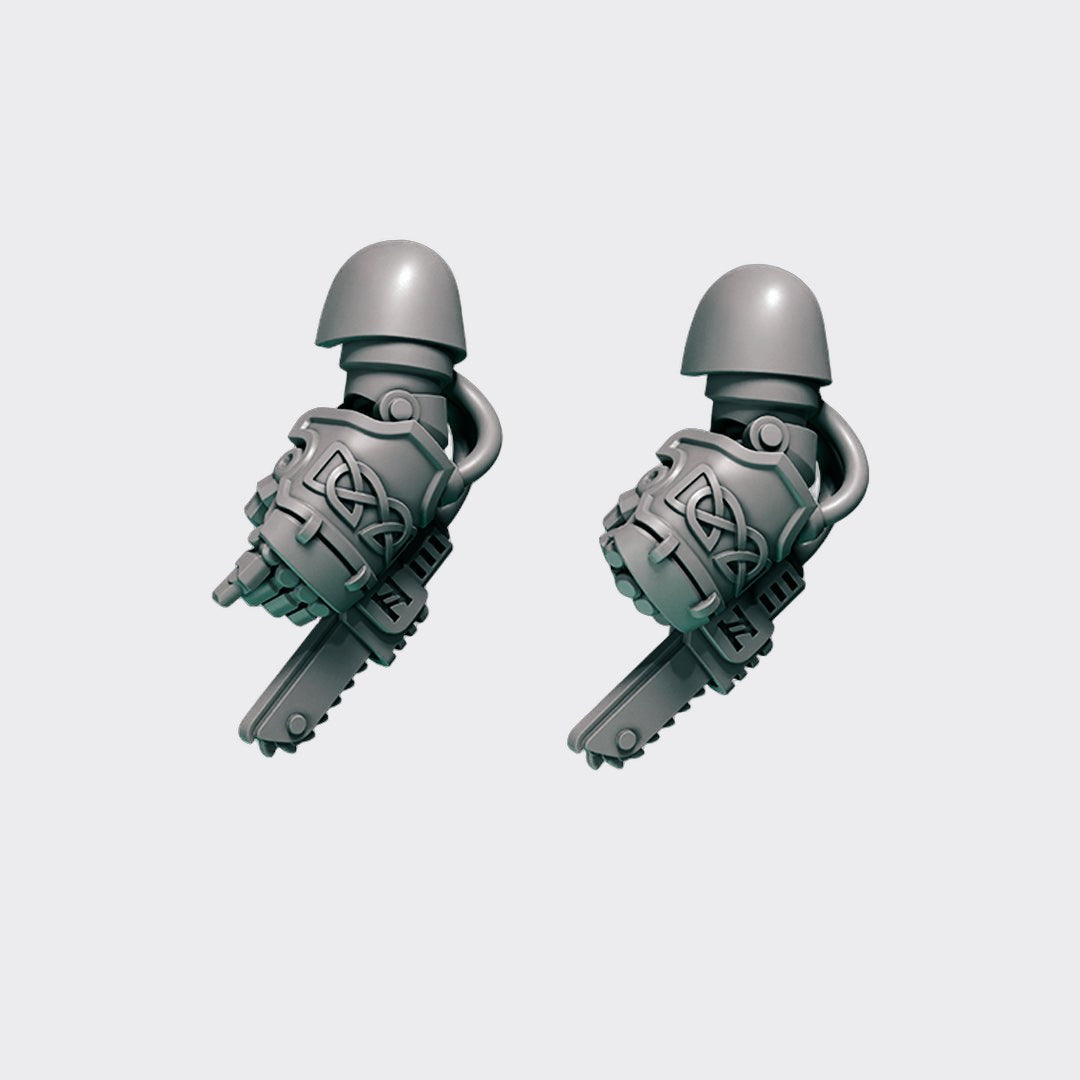 Puños sierra Terminator Primal Hounds — bits de conversión sci-fi grimdark de Greytide Studio, resina 32mm sin pintar
