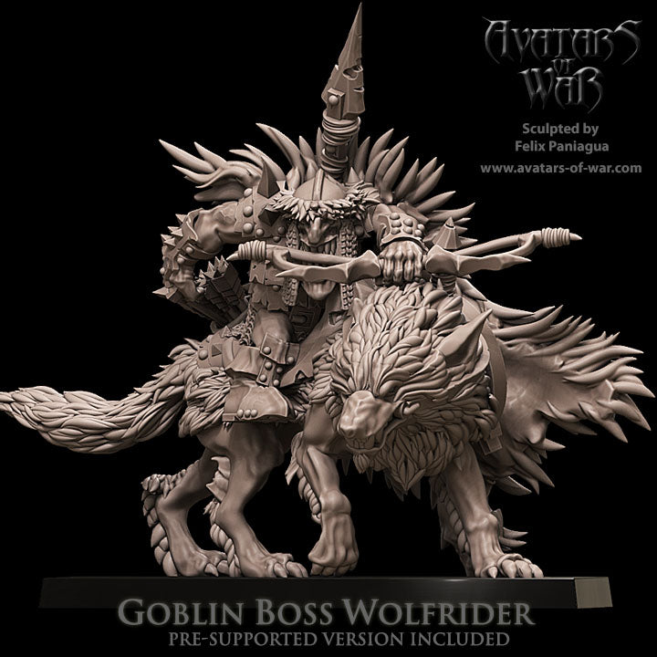 Cacique Goblin en Lobo Gigante con Arco · miniatura de resina 28 mm · Orcos y Goblins · Drakholm