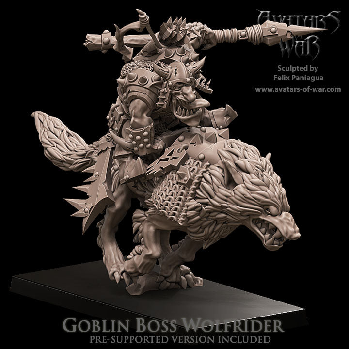 Cacique Goblin en Lobo Gigante con Lanza y Arco · miniatura de resina 28 mm · Orcos y Goblins · Drakholm