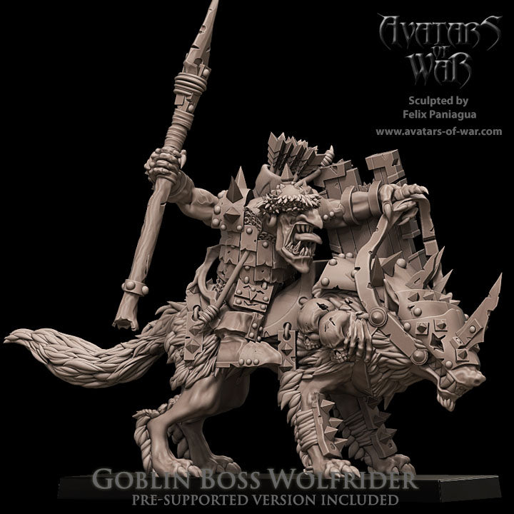 Cacique Goblin en Lobo Gigante con Lanza y Escudo · miniatura de resina 28 mm · Orcos y Goblins · Drakholm