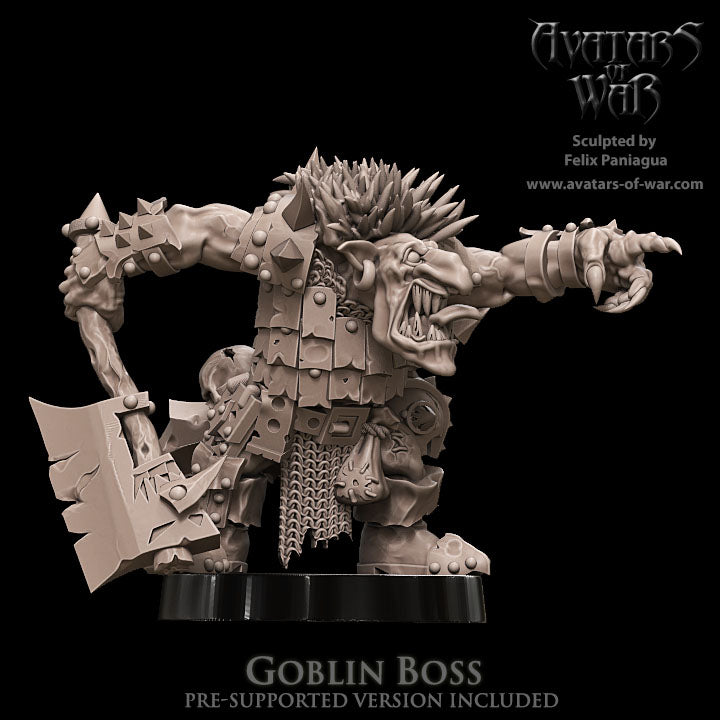 Jefe Goblin con Hacha y Mano Alzada · miniatura de resina 28 mm · Orcos y Goblins · Drakholm