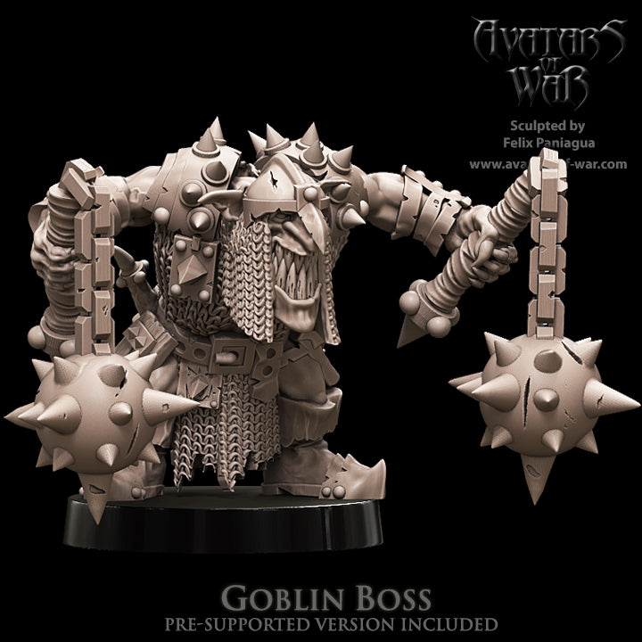 Jefe Goblin con Dos Manguales de Bola · miniatura de resina 28 mm · Orcos y Goblins · Drakholm