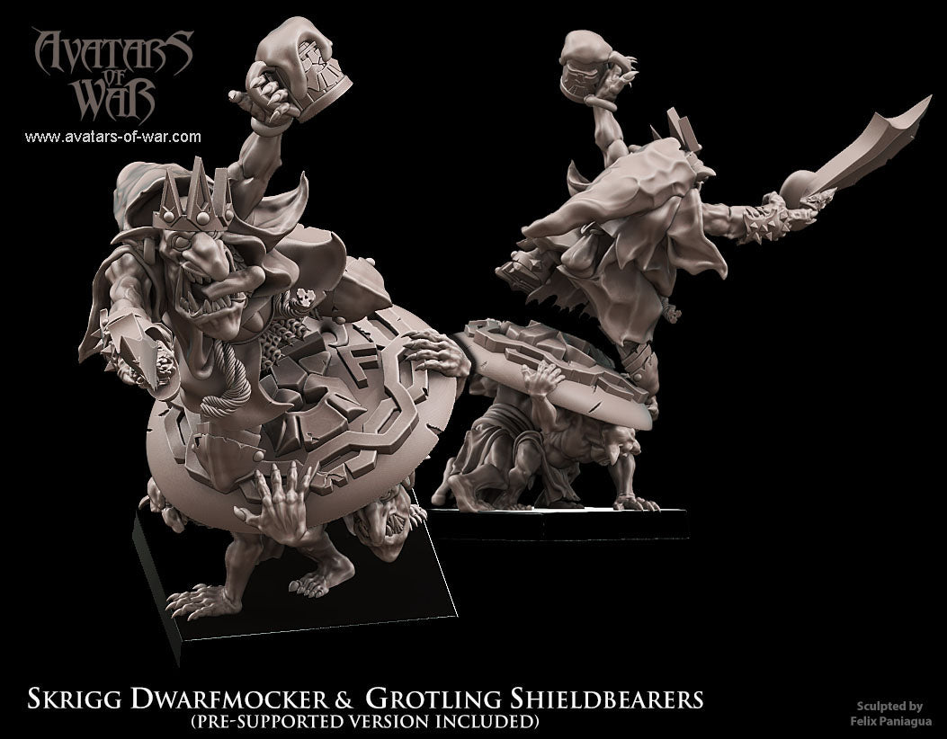 Skrigg Burlamontañas, Rey Goblin sobre Portaescudos · miniatura de resina 28 mm · Orcos y Goblins · Drakholm