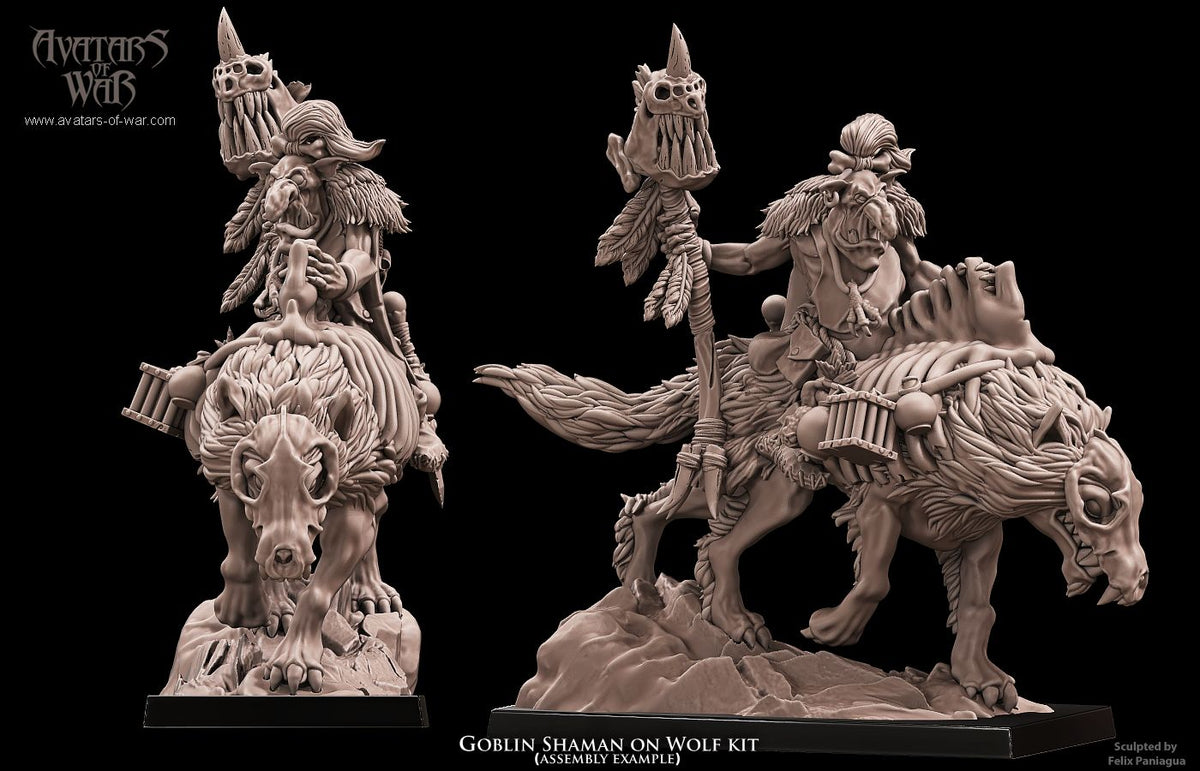 Chaman Goblin a Lomos de Lobo · miniatura de resina 28 mm · Orcos y Goblins · Drakholm