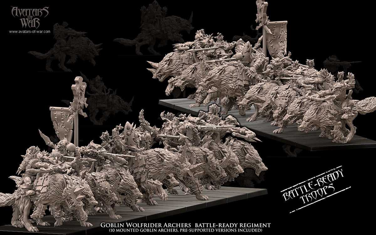 Arqueros Goblin Jinetes de Lobo - Regimiento (10) · miniatura de resina 28 mm · Orcos y Goblins · Drakholm