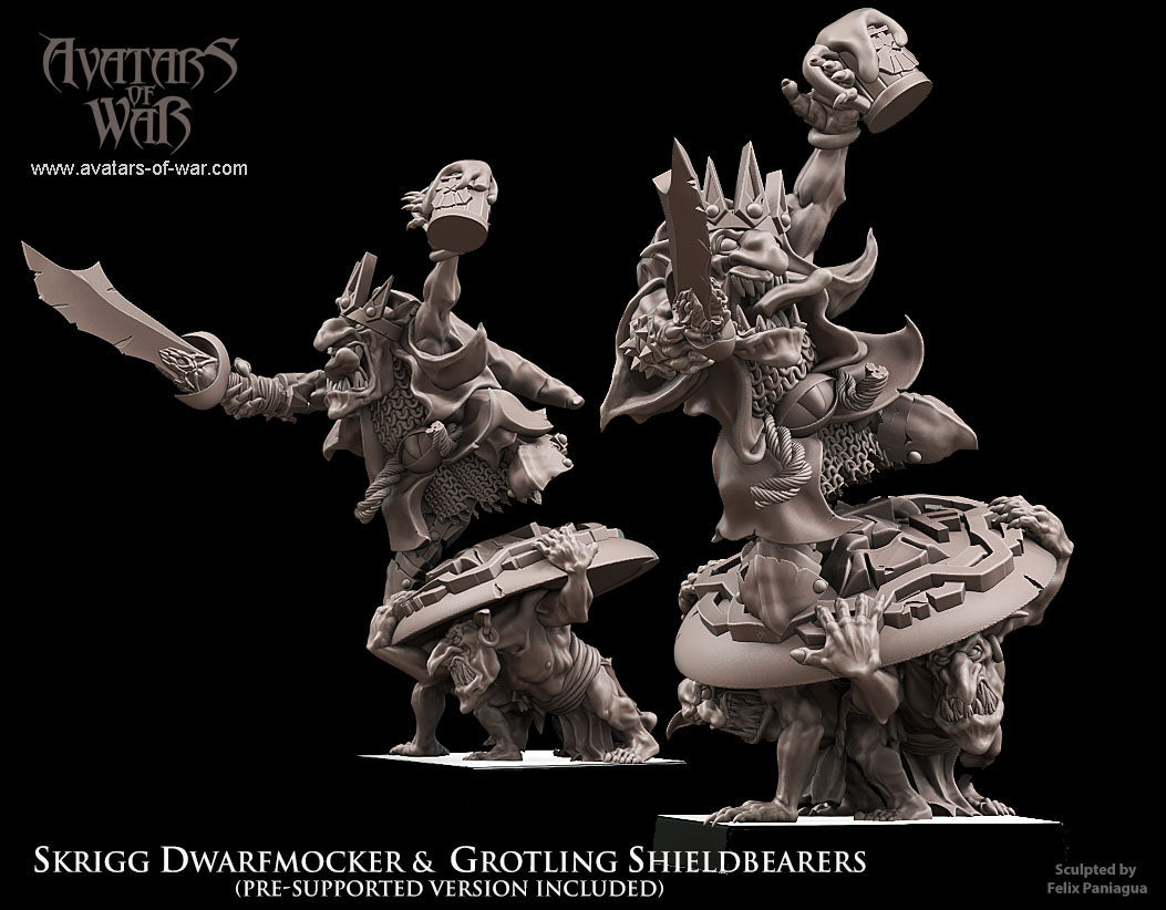Skrigg Burlamontañas, Rey Goblin sobre Portaescudos · miniatura de resina 28 mm · Orcos y Goblins · Drakholm