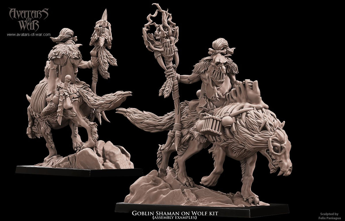 Chaman Goblin a Lomos de Lobo · miniatura de resina 28 mm · Orcos y Goblins · Drakholm
