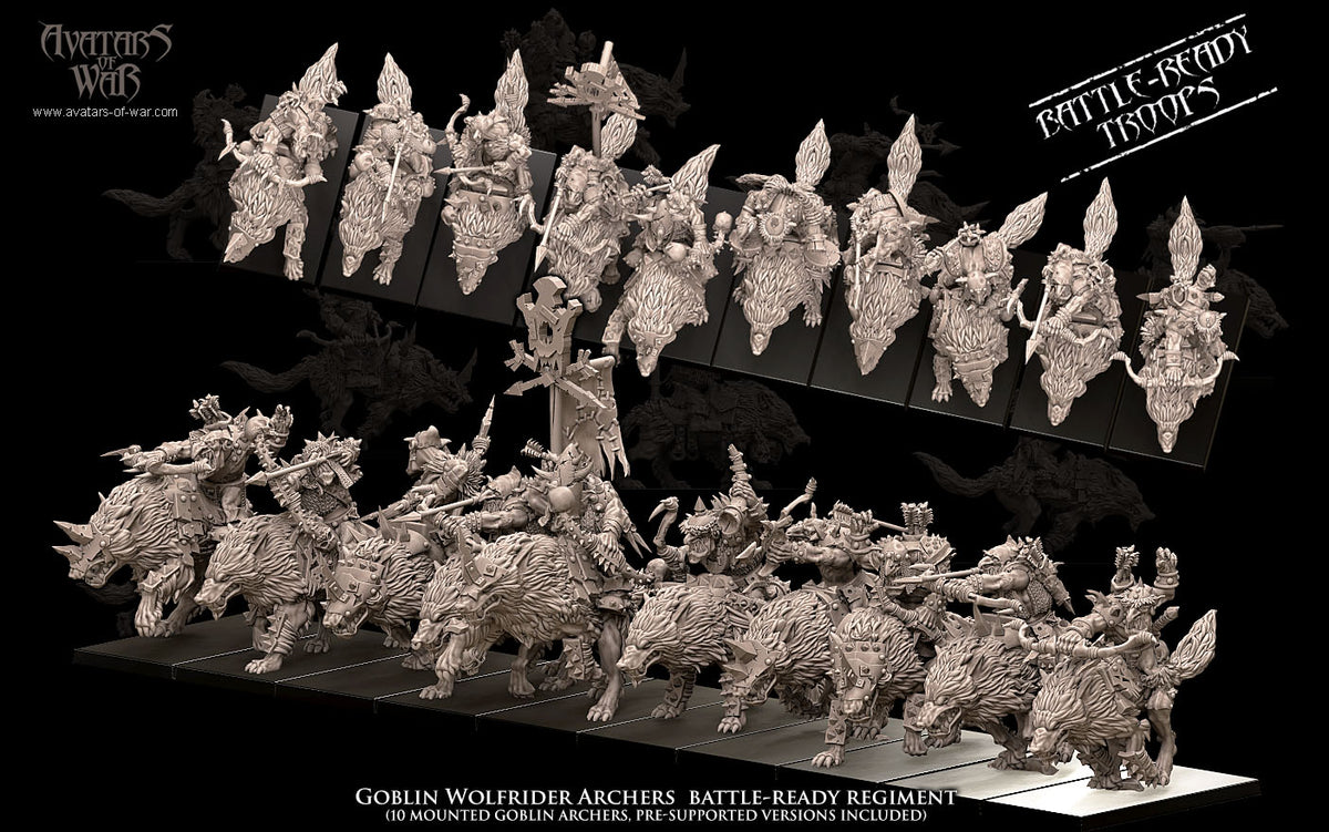 Arqueros Goblin Jinetes de Lobo - Regimiento (10) · miniatura de resina 28 mm · Orcos y Goblins · Drakholm