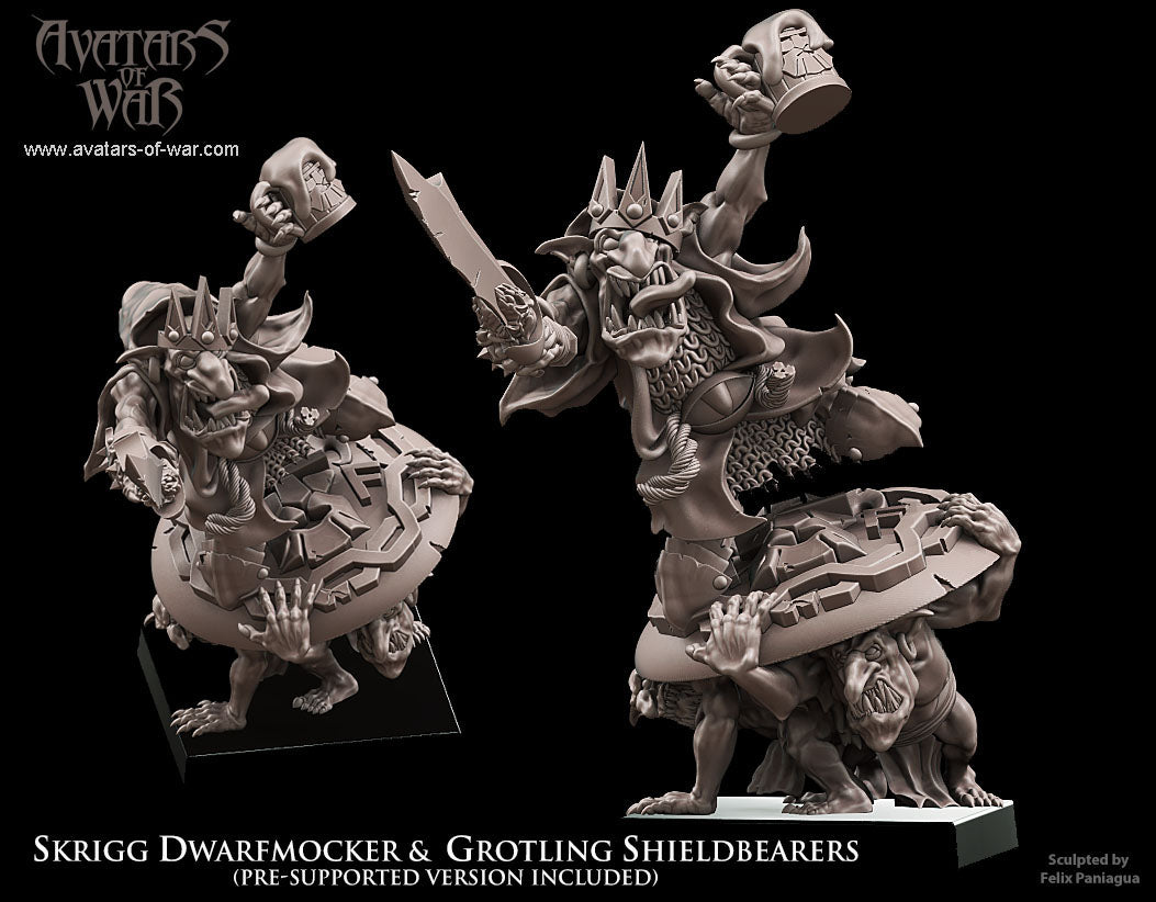Skrigg Burlamontañas, Rey Goblin sobre Portaescudos · miniatura de resina 28 mm · Orcos y Goblins · Drakholm
