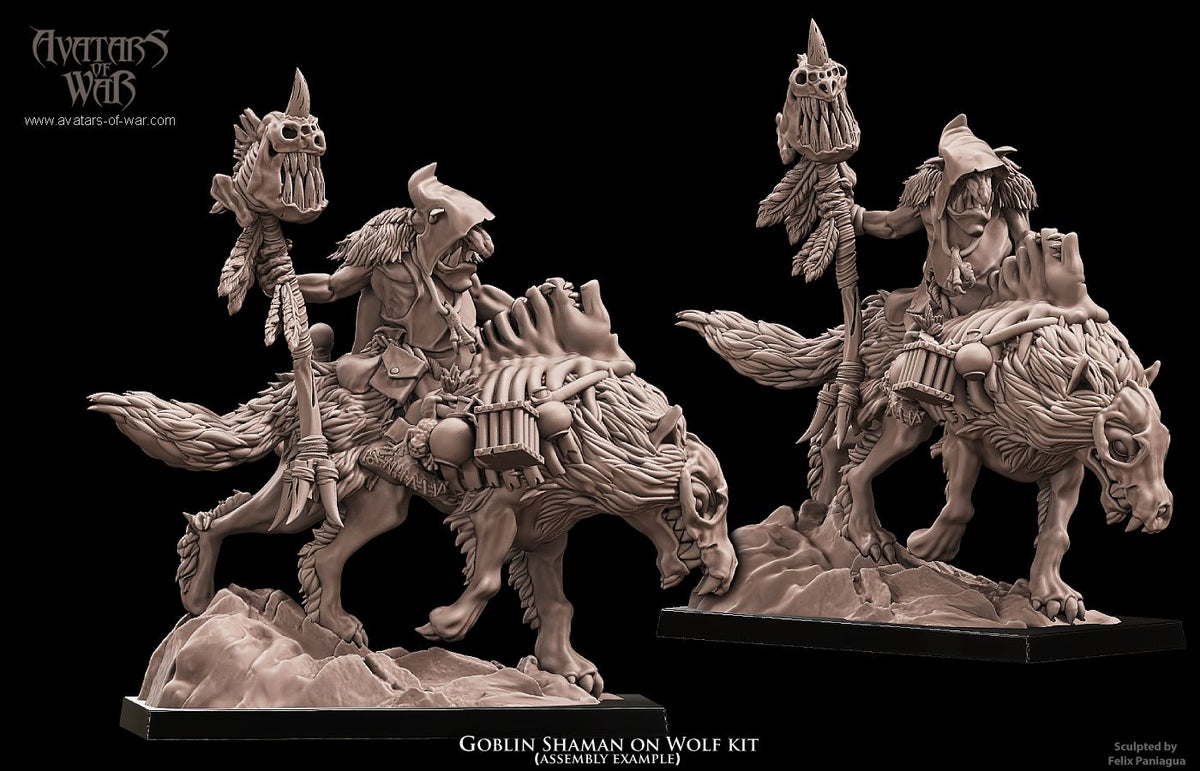 Chaman Goblin a Lomos de Lobo · miniatura de resina 28 mm · Orcos y Goblins · Drakholm