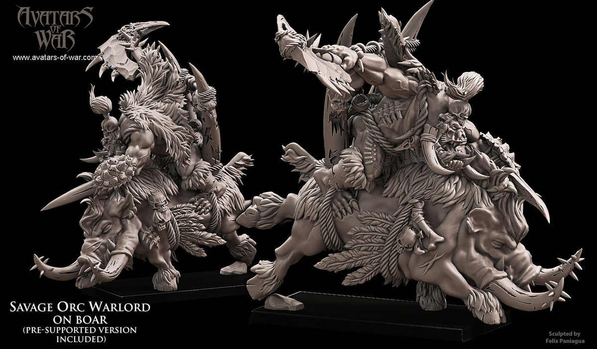 Señor de la Guerra Orco Salvaje a Lomos de Jabalí · miniatura de resina 28 mm · Orcos y Goblins · Drakholm