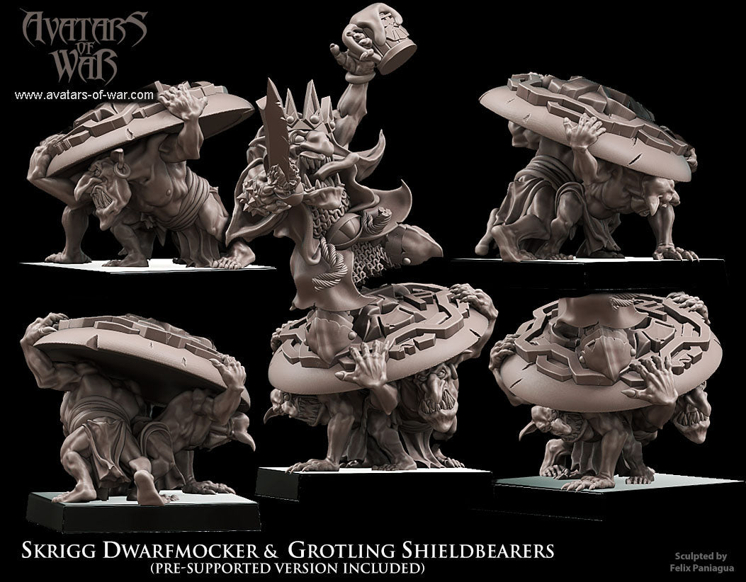 Skrigg Burlamontañas, Rey Goblin sobre Portaescudos · miniatura de resina 28 mm · Orcos y Goblins · Drakholm