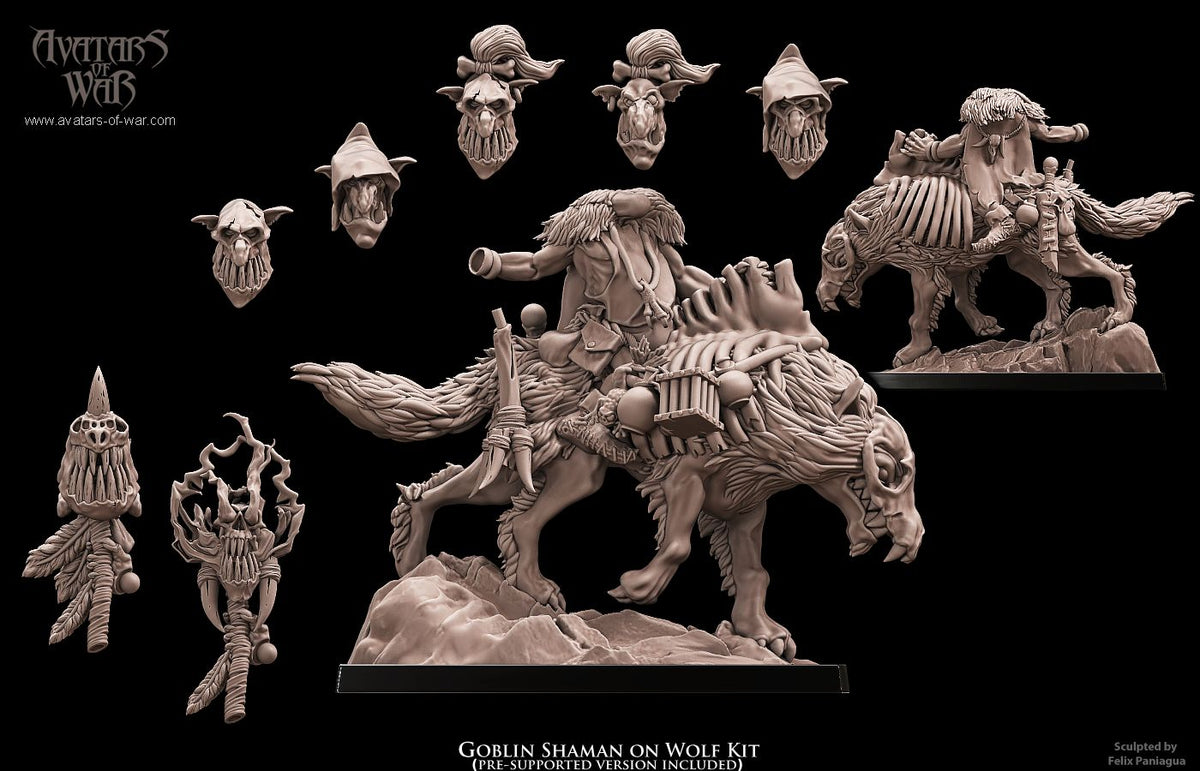 Chaman Goblin a Lomos de Lobo · miniatura de resina 28 mm · Orcos y Goblins · Drakholm