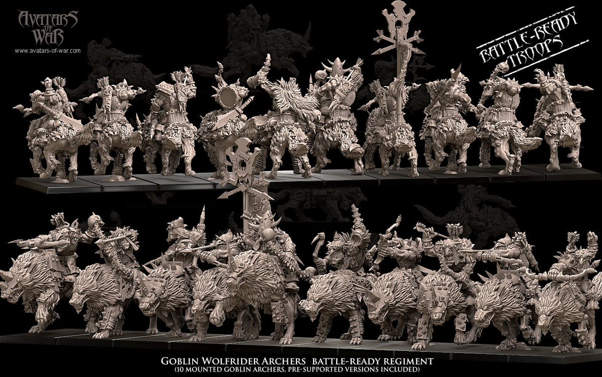 Arqueros Goblin Jinetes de Lobo - Regimiento (10) · miniatura de resina 28 mm · Orcos y Goblins · Drakholm