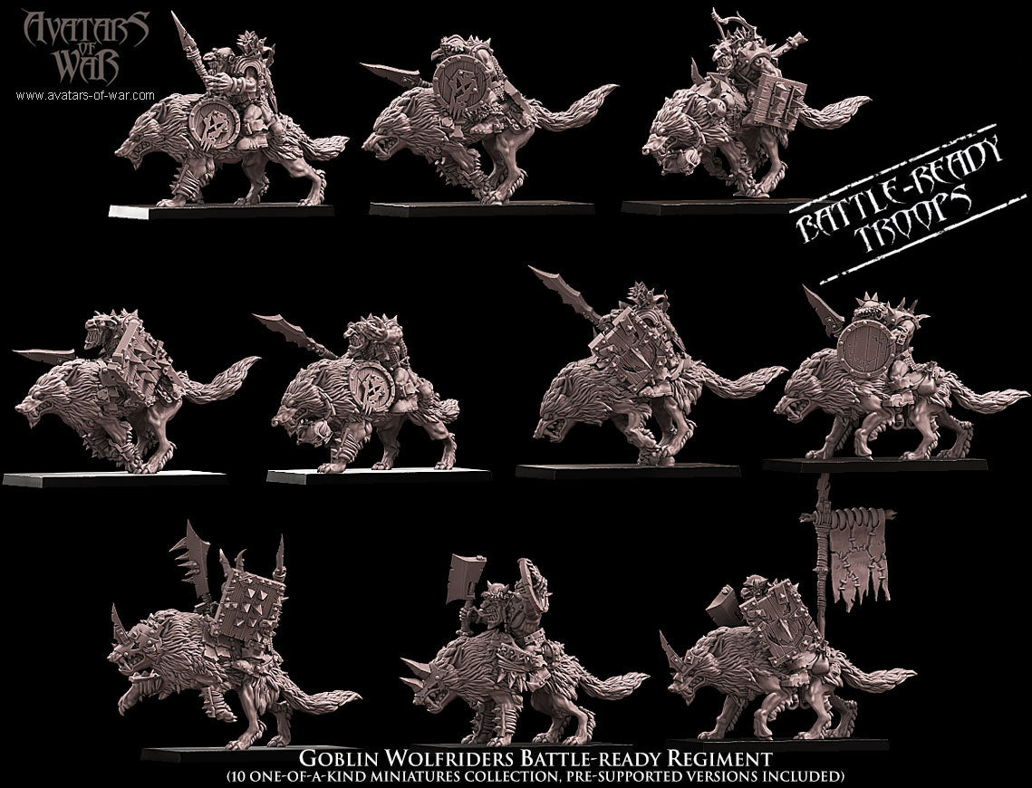 Jinetes de Lobo Goblin (Regimiento de 10) · miniatura de resina 28 mm · Orcos y Goblins · Drakholm