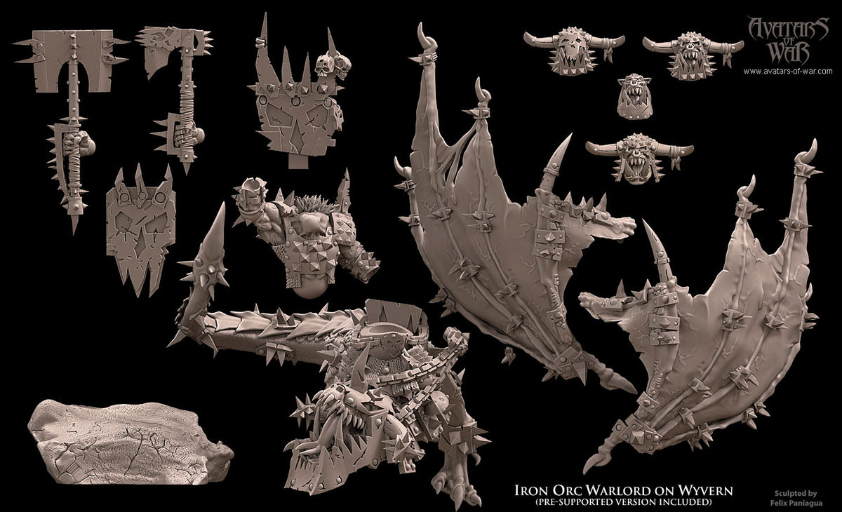 Señor de la Guerra Orco de Hierro sobre Wyvern · miniatura de resina 28 mm · Orcos y Goblins · Drakholm