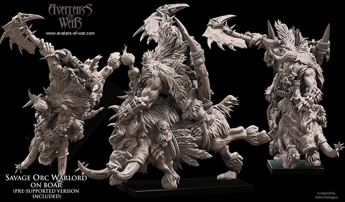 Señor de la Guerra Orco Salvaje a Lomos de Jabalí · miniatura de resina 28 mm · Orcos y Goblins · Drakholm