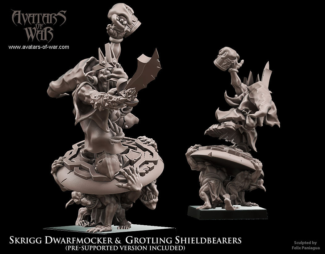 Skrigg Burlamontañas, Rey Goblin sobre Portaescudos · miniatura de resina 28 mm · Orcos y Goblins · Drakholm