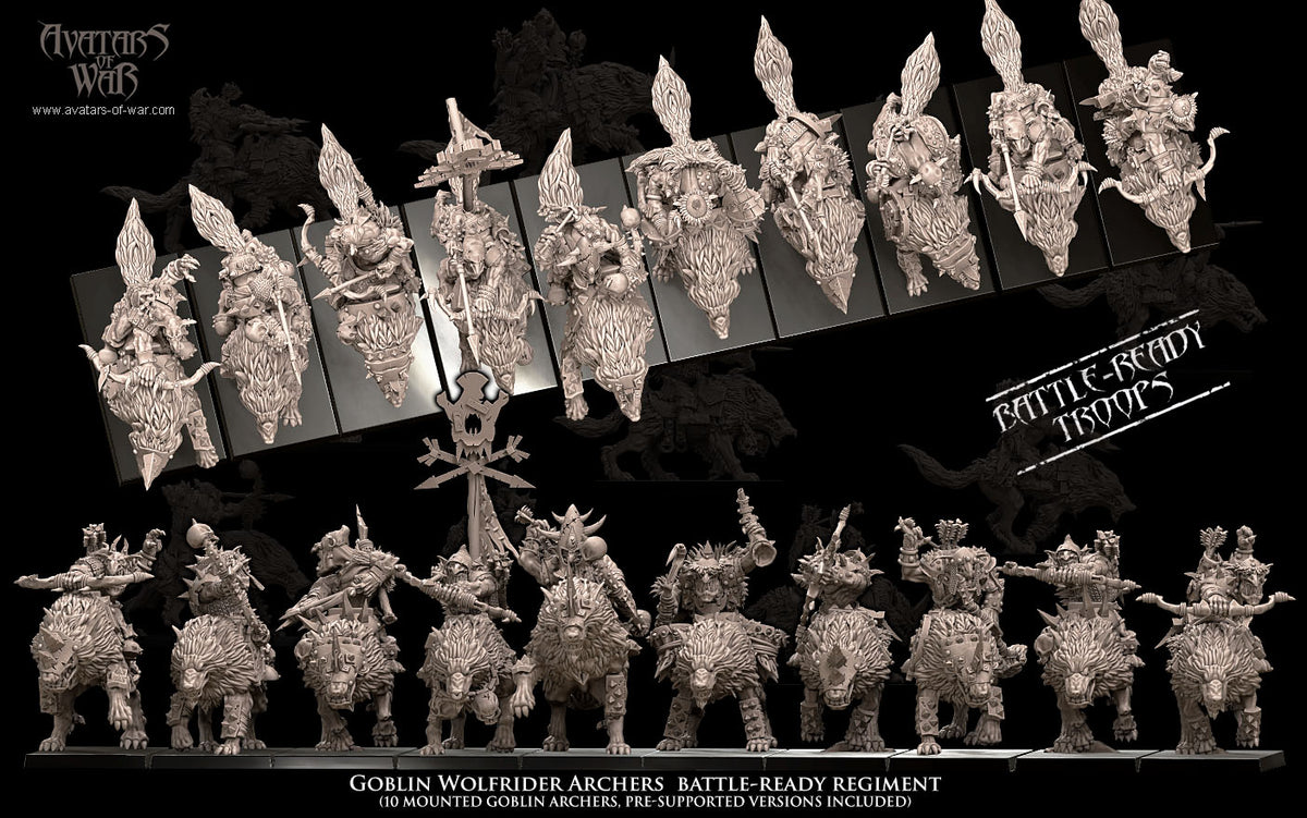 Arqueros Goblin Jinetes de Lobo - Regimiento (10) · miniatura de resina 28 mm · Orcos y Goblins · Drakholm