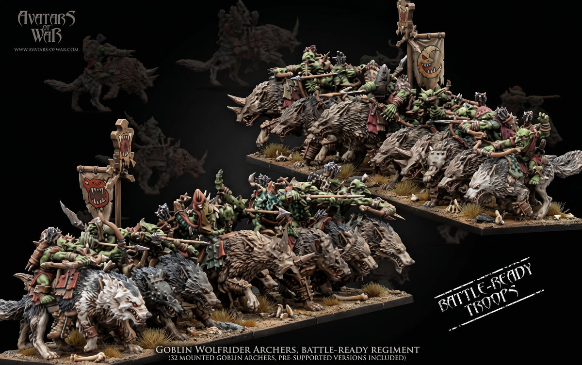 Arqueros Goblin Jinetes de Lobo - Regimiento (10) · miniatura de resina 28 mm · Orcos y Goblins · Drakholm