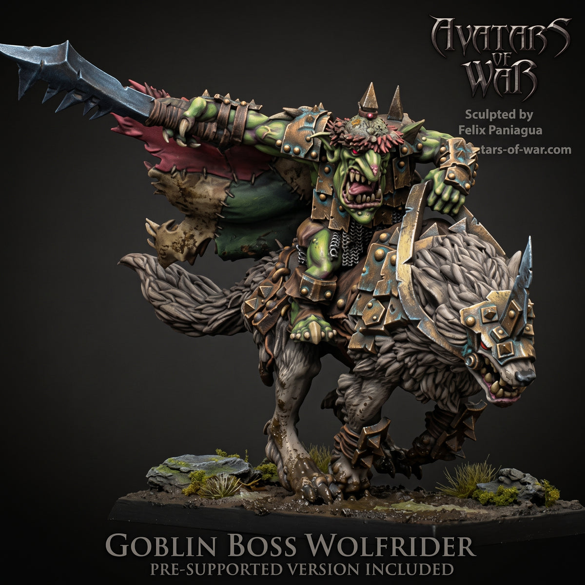 Cacique Goblin en Lobo Gigante con Arma de Mano · miniatura de resina 28 mm · Orcos y Goblins · Drakholm