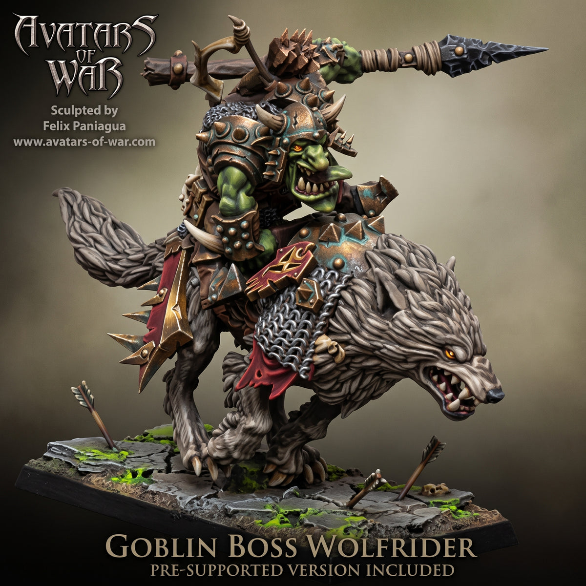 Cacique Goblin en Lobo Gigante con Lanza y Arco · miniatura de resina 28 mm · Orcos y Goblins · Drakholm
