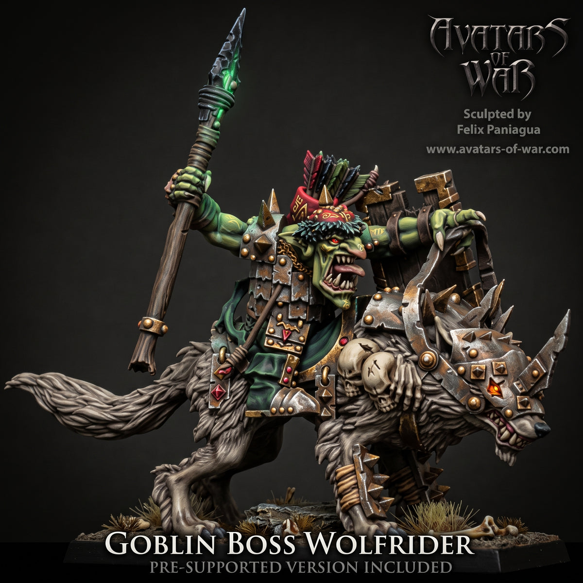 Cacique Goblin en Lobo Gigante con Lanza y Escudo · miniatura de resina 28 mm · Orcos y Goblins · Drakholm