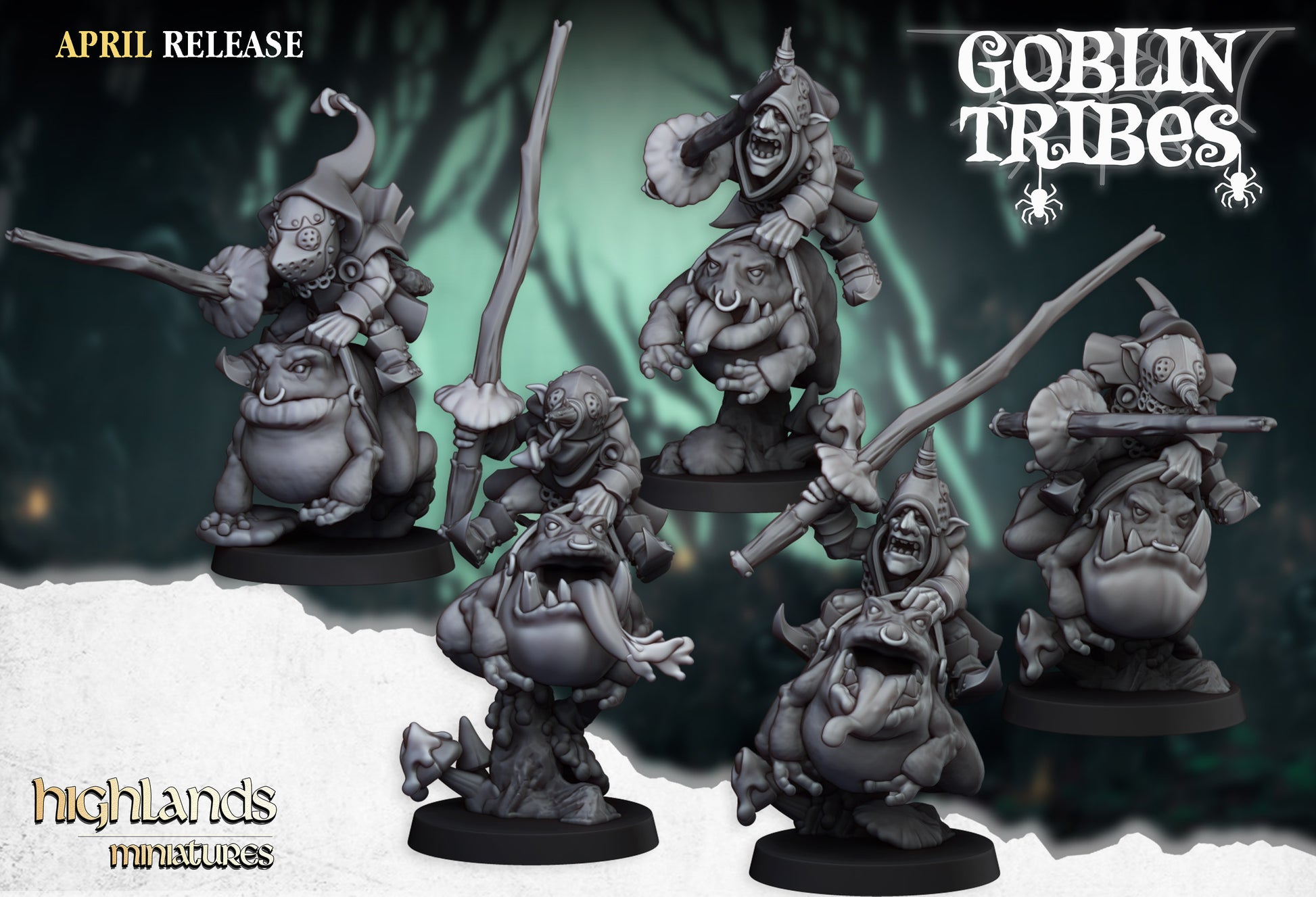 Miniatura Jinetes de Rana con Picas Goblin Orcos y Goblins resina 28mm sin pintar - Drakholm