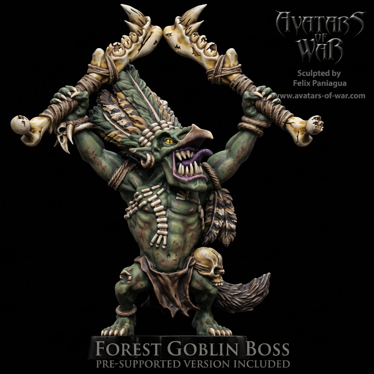 Jefe Goblin del Bosque con Dos Hachas · miniatura de resina 28 mm · Orcos y Goblins · Drakholm