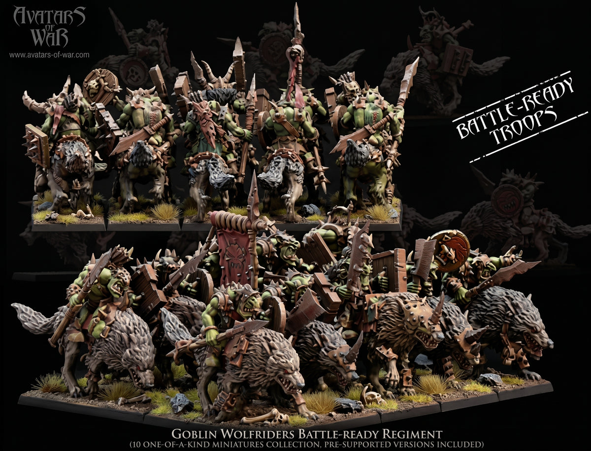 Jinetes de Lobo Goblin (Regimiento de 10) · miniatura de resina 28 mm · Orcos y Goblins · Drakholm