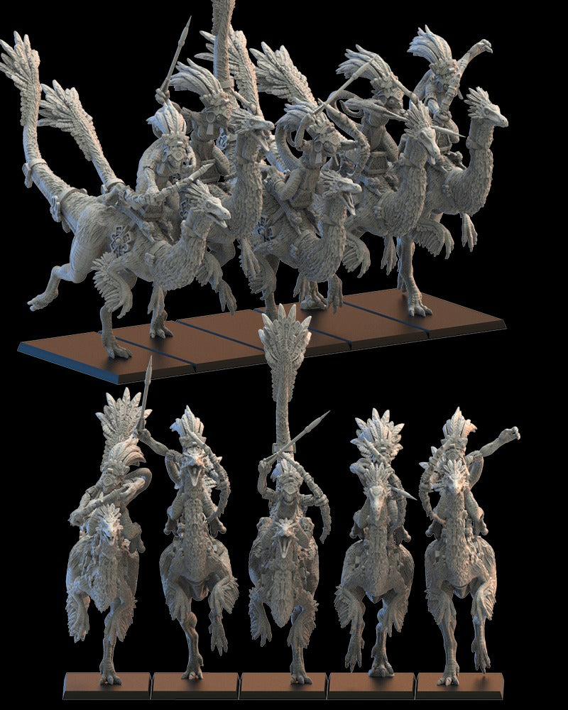Miniatura Jinetes Kuaxotl en Gallimimus Saurios Ancestrales resina 28mm sin pintar - Drakholm