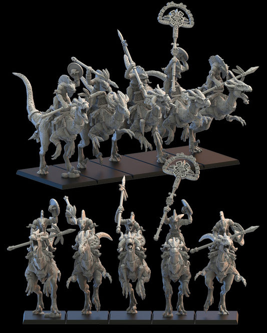 Miniatura Jinetes Cuetzpalli Kuakuauitl Saurios Ancestrales resina 28mm sin pintar - Drakholm