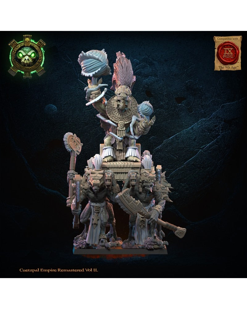 Miniatura Tezcatlipoca, Dios Viviente en Palanquín Saurios Ancestrales resina 28mm sin pintar - Drakholm