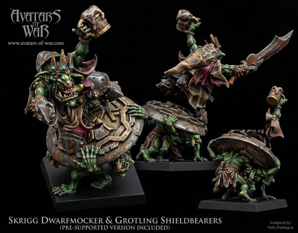 Skrigg Burlamontañas, Rey Goblin sobre Portaescudos · miniatura de resina 28 mm · Orcos y Goblins · Drakholm