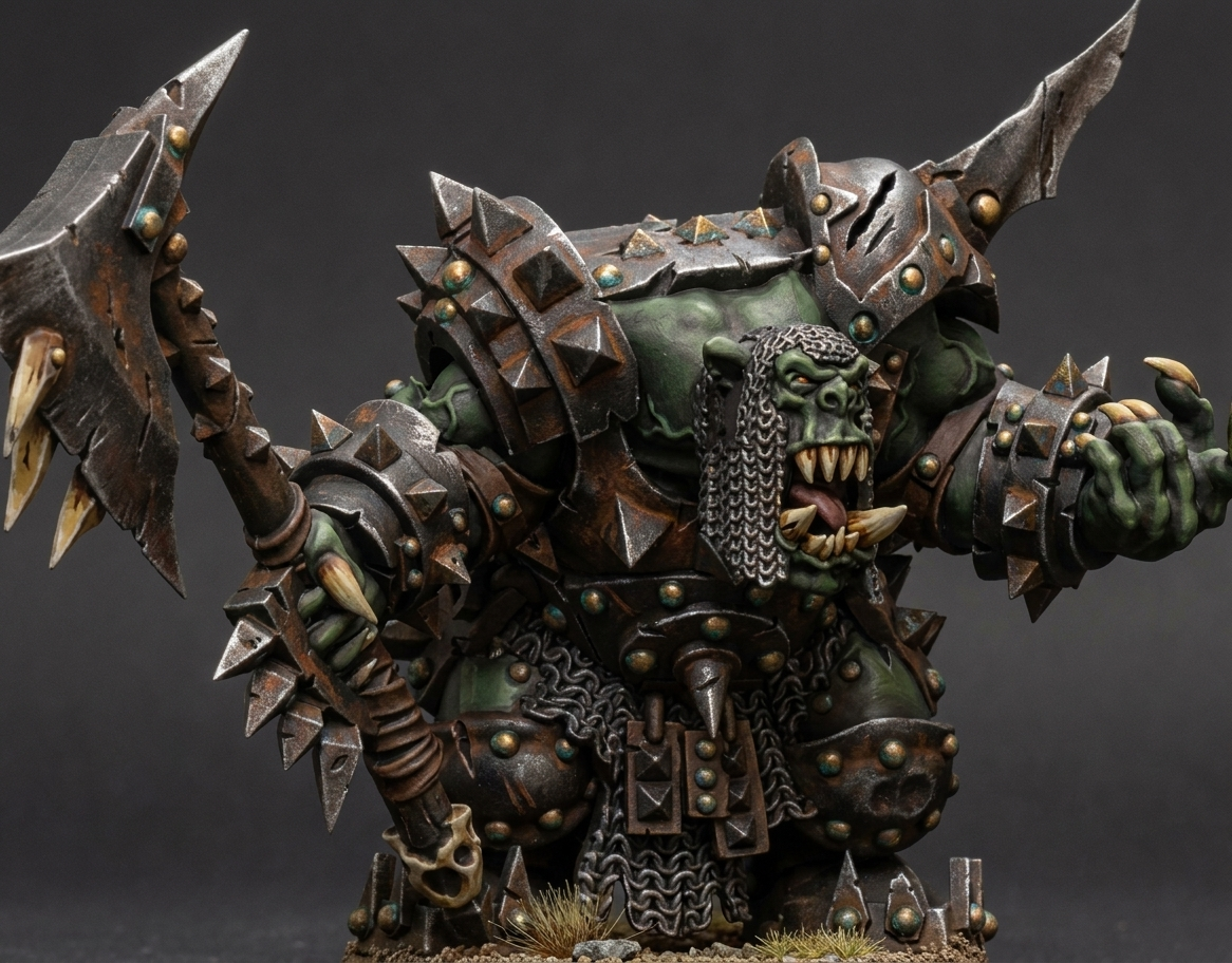 Señor Orco de Hierro con Dos Hachas Dentadas · miniatura de resina 28 mm · Orcos y Goblins · Drakholm